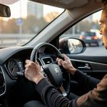 Retour d’expérience : injection à contrôler après un trajet du quotidien Un homme conduit une voiture au lever du jour et regarde l’affichage du tableau de bord tout en ajustant son trajet pendant son trajet domicile-travail, ambiance réaliste et lumière du matin.