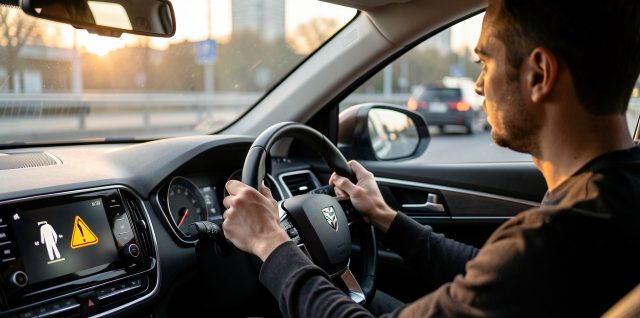 Un homme conduit une voiture au lever du jour et regarde l’affichage du tableau de bord tout en ajustant son trajet pendant son trajet domicile-travail, ambiance réaliste et lumière du matin.