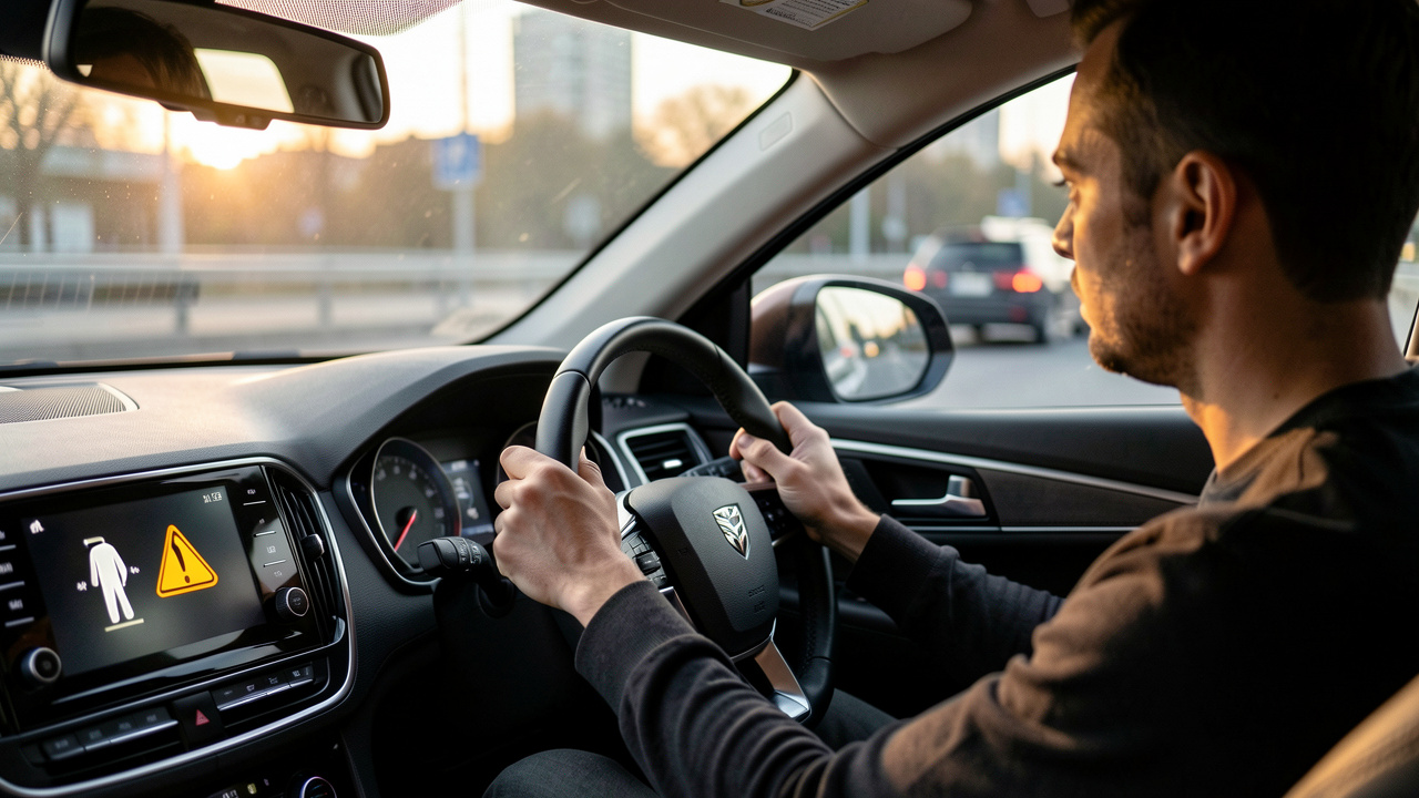 Un homme conduit une voiture au lever du jour et regarde l’affichage du tableau de bord tout en ajustant son trajet pendant son trajet domicile-travail, ambiance réaliste et lumière du matin.