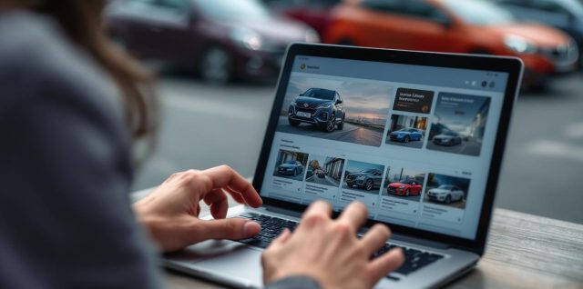 Une femme compare des annonces de voitures d’occasion sur un ordinateur portable, avec plusieurs véhicules visibles en arrière-plan dans une ambiance de marché automobile européen.