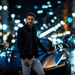 Portrait éditorial réaliste à Monaco : un homme près d’une supercar de luxe, ambiance nocturne urbaine avec lumières et reflets premium, profondeur de champ marquée.