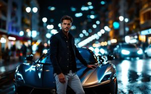 Portrait éditorial réaliste à Monaco : un homme près d’une supercar de luxe, ambiance nocturne urbaine avec lumières et reflets premium, profondeur de champ marquée.