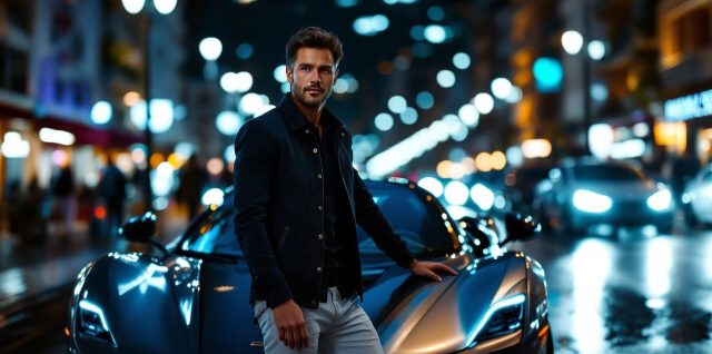 Portrait éditorial réaliste à Monaco : un homme près d’une supercar de luxe, ambiance nocturne urbaine avec lumières et reflets premium, profondeur de champ marquée.
