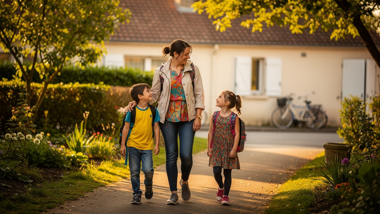 Une femme nounou accompagne un jeune garçon et une jeune fille sur un chemin résidentiel calme en direction de l’école, sous la lumière douce de la fin d’après-midi en Loire-Atlantique.