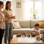 Comment trouver une nounou de confiance à Sucé-sur-Erdre pour la rentrée ? Une mère échange avec une nounou dans un salon lumineux, tandis qu’un jeune garçon joue près d’un cartable et d’un calendrier de rentrée vierge posé sur une table.