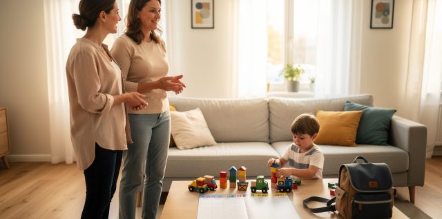 Une mère échange avec une nounou dans un salon lumineux, tandis qu’un jeune garçon joue près d’un cartable et d’un calendrier de rentrée vierge posé sur une table.