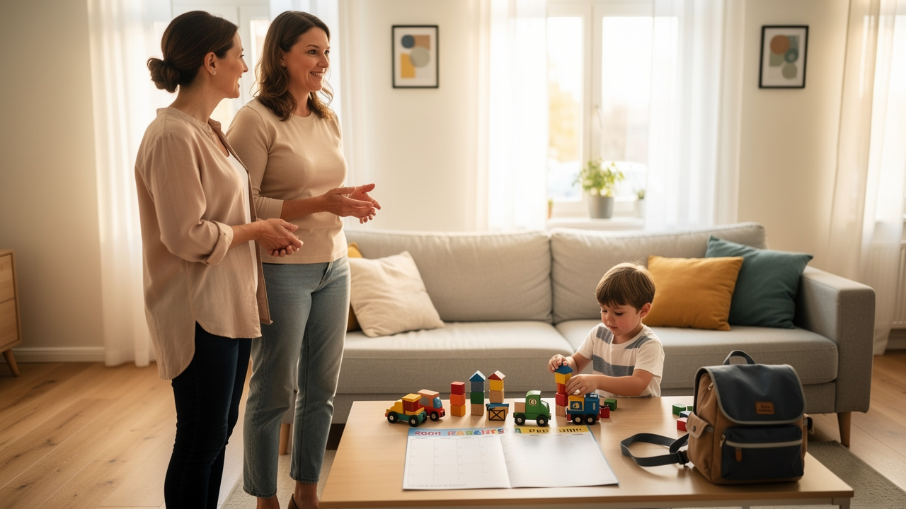 Une mère échange avec une nounou dans un salon lumineux, tandis qu’un jeune garçon joue près d’un cartable et d’un calendrier de rentrée vierge posé sur une table.