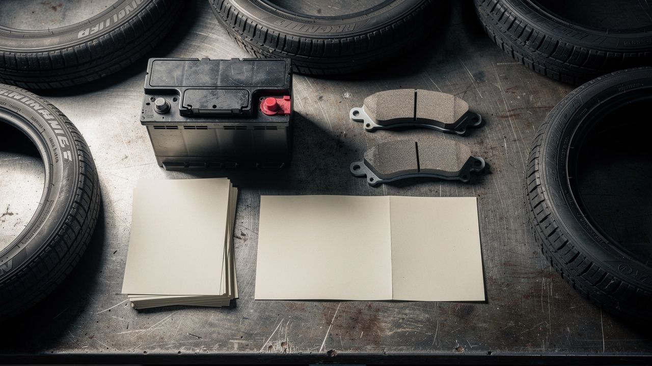 Gros plan de pneus, de plaquettes de frein, d’une batterie automobile et de documents d’entretien vierges soigneusement rangés sur une table d’atelier.