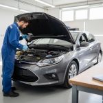 Une voiture familiale au capot ouvert dans un garage lumineux, avec un mécanicien vérifiant les niveaux et un carnet d’entretien sans inscription posé sur l’établi.