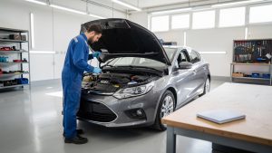 Une voiture familiale au capot ouvert dans un garage lumineux, avec un mécanicien vérifiant les niveaux et un carnet d’entretien sans inscription posé sur l’établi.