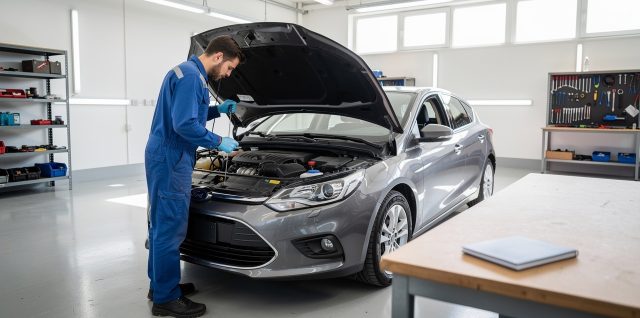 Une voiture familiale au capot ouvert dans un garage lumineux, avec un mécanicien vérifiant les niveaux et un carnet d’entretien sans inscription posé sur l’établi.