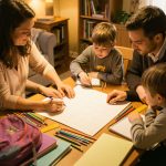 Organisation rentrée familiale à Sucé-sur-Erdre : le guide pratique Une famille organise un calendrier de rentrée vierge sur une table lumineuse entourée de fournitures scolaires, dans une ambiance chaleureuse.