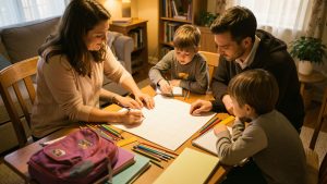 Une famille organise un calendrier de rentrée vierge sur une table lumineuse entourée de fournitures scolaires, dans une ambiance chaleureuse.
