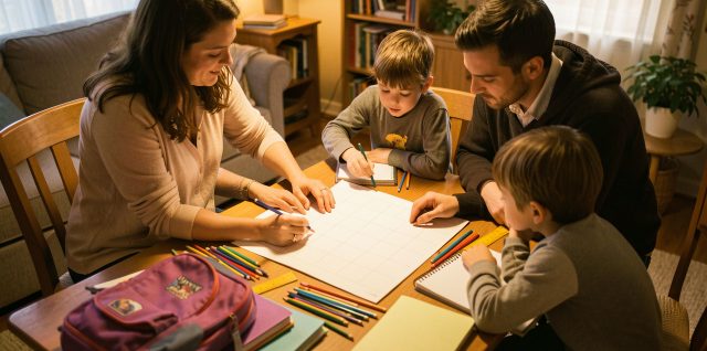 Une famille organise un calendrier de rentrée vierge sur une table lumineuse entourée de fournitures scolaires, dans une ambiance chaleureuse.