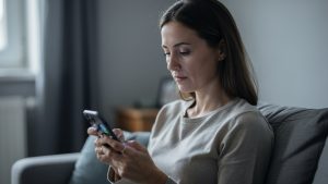 Une femme consulte son smartphone après avoir remarqué un appel manqué, dans une ambiance sobre et réaliste.