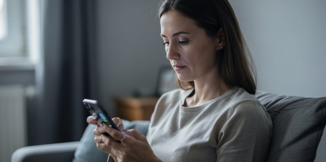 Une femme consulte son smartphone après avoir remarqué un appel manqué, dans une ambiance sobre et réaliste.
