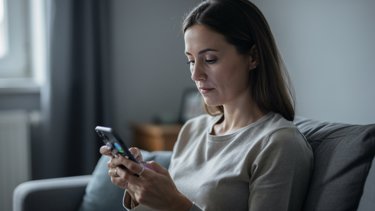 Une femme consulte son smartphone après avoir remarqué un appel manqué, dans une ambiance sobre et réaliste.