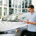 Un jeune homme vérifie des documents vierges devant une voiture compacte, dans une rue urbaine lumineuse et réaliste.