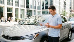 Un jeune homme vérifie des documents vierges devant une voiture compacte, dans une rue urbaine lumineuse et réaliste.