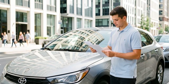 Un jeune homme vérifie des documents vierges devant une voiture compacte, dans une rue urbaine lumineuse et réaliste.