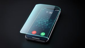Smartphone présentant une interface d’appel entrant abstraite, protégé par un bouclier lumineux symbolisant la confidentialité dans une ambiance numérique sécurisée.