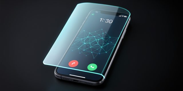 Smartphone présentant une interface d’appel entrant abstraite, protégé par un bouclier lumineux symbolisant la confidentialité dans une ambiance numérique sécurisée.