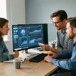 Comment l’intelligence artificielle transforme-t-elle l’emploi en Normandie ? Quatre employés, deux femmes et deux hommes, réunis dans un bureau autour d’un ordinateur affichant des visualisations abstraites de données et des éléments d’intelligence artificielle.
