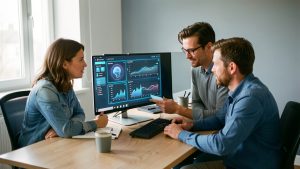 Quatre employés, deux femmes et deux hommes, réunis dans un bureau autour d’un ordinateur affichant des visualisations abstraites de données et des éléments d’intelligence artificielle.