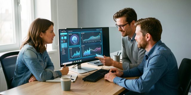 Quatre employés, deux femmes et deux hommes, réunis dans un bureau autour d’un ordinateur affichant des visualisations abstraites de données et des éléments d’intelligence artificielle.