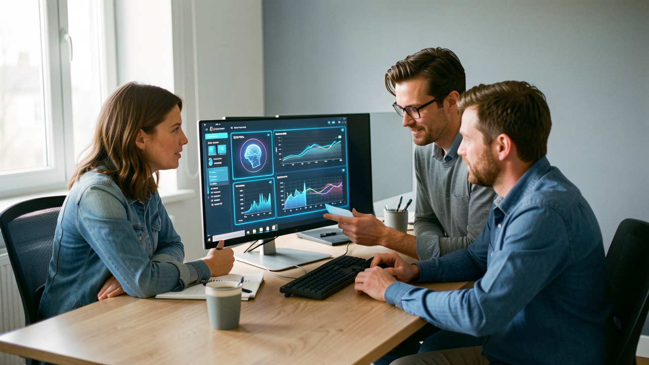 Quatre employés, deux femmes et deux hommes, réunis dans un bureau autour d’un ordinateur affichant des visualisations abstraites de données et des éléments d’intelligence artificielle.