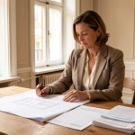Jeanbrun ou Denormandie pour investir dans l’ancien ? Une investisseuse examine des plans de rénovation, un tableau financier vierge et des documents fiscaux dans un appartement ancien baigné de lumière.