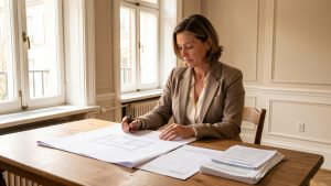 Une investisseuse examine des plans de rénovation, un tableau financier vierge et des documents fiscaux dans un appartement ancien baigné de lumière.