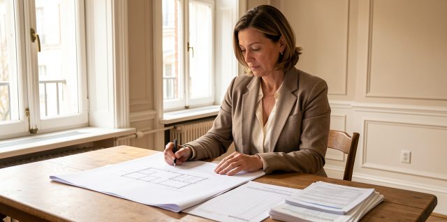Une investisseuse examine des plans de rénovation, un tableau financier vierge et des documents fiscaux dans un appartement ancien baigné de lumière.