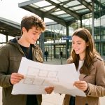 Quelles villes sous 2 500 €/m² choisir pour un premier achat immobilier près d’une gare ? Jeune couple consultant des plans d’appartements et des photographies immobilières devant une gare française moderne, dans une ambiance réaliste et lumineuse.