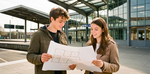 Jeune couple consultant des plans d’appartements et des photographies immobilières devant une gare française moderne, dans une ambiance réaliste et lumineuse.