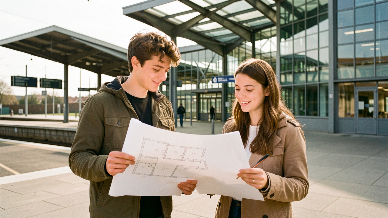 Jeune couple consultant des plans d’appartements et des photographies immobilières devant une gare française moderne, dans une ambiance réaliste et lumineuse.