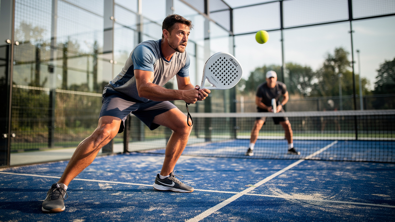 Un joueur de padel prépare une volée près d’une paroi vitrée, sa raquette perforée bien visible, tandis que son partenaire se tient près du filet et qu’une balle jaune est en mouvement.