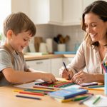 Préparer la rentrée avec un jeune enfant à Sucé-sur-Erdre Un jeune garçon prépare ses fournitures scolaires avec sa mère autour d’une table lumineuse dans une maison familiale près de Sucé-sur-Erdre.
