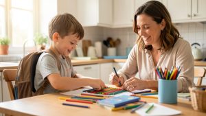 Un jeune garçon prépare ses fournitures scolaires avec sa mère autour d’une table lumineuse dans une maison familiale près de Sucé-sur-Erdre.