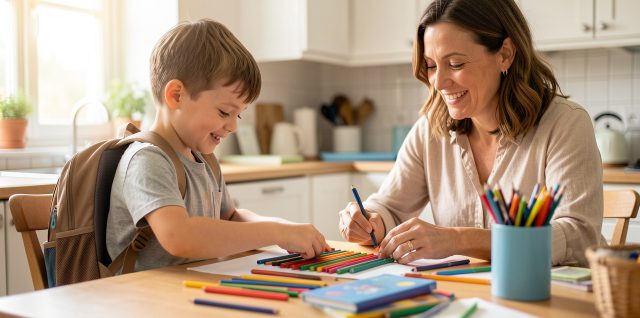 Un jeune garçon prépare ses fournitures scolaires avec sa mère autour d’une table lumineuse dans une maison familiale près de Sucé-sur-Erdre.