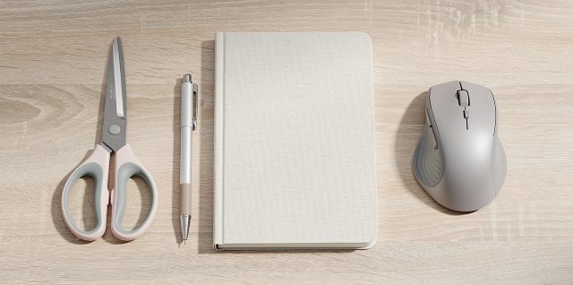 Bureau lumineux vu de dessus avec des ciseaux pour gaucher, un stylo à séchage rapide, un cahier vierge et une souris ergonomique pour la main gauche.