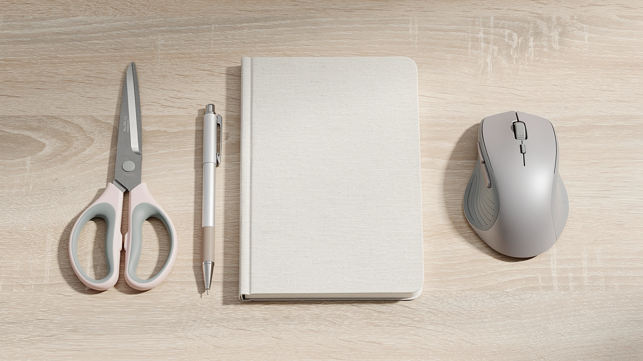 Bureau lumineux vu de dessus avec des ciseaux pour gaucher, un stylo à séchage rapide, un cahier vierge et une souris ergonomique pour la main gauche.