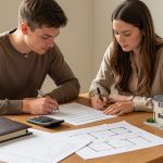 Un jeune homme et une jeune femme étudient des documents de financement immobilier autour d’une table avec une calculatrice, un dossier bancaire et une maquette de maison.