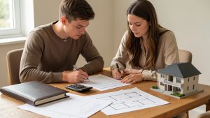 Un jeune homme et une jeune femme étudient des documents de financement immobilier autour d’une table avec une calculatrice, un dossier bancaire et une maquette de maison.