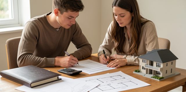 Un jeune homme et une jeune femme étudient des documents de financement immobilier autour d’une table avec une calculatrice, un dossier bancaire et une maquette de maison.