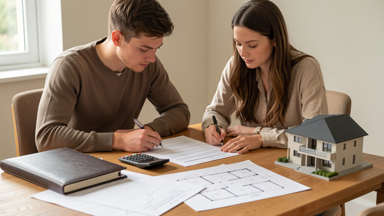 Un jeune homme et une jeune femme étudient des documents de financement immobilier autour d’une table avec une calculatrice, un dossier bancaire et une maquette de maison.