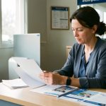 Une femme consulte des documents budgétaires et des brochures de formation dans une agence publique d’accompagnement vers l’emploi.