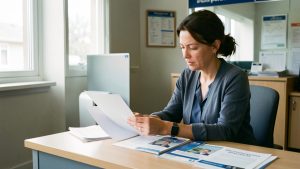 Une femme consulte des documents budgétaires et des brochures de formation dans une agence publique d’accompagnement vers l’emploi.