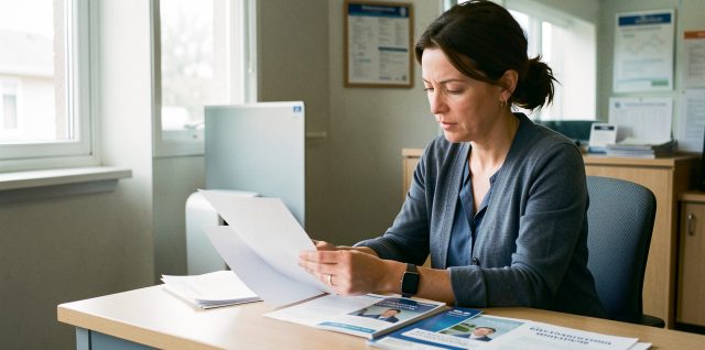 Une femme consulte des documents budgétaires et des brochures de formation dans une agence publique d’accompagnement vers l’emploi.