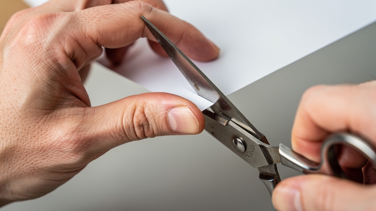 Gros plan réaliste montrant une main gauche découpant précisément une feuille blanche avec des ciseaux à lames inversées.